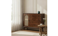 Retro Rattan Cabinet with Wooden Frame Woven Cane Door Sideboard Boho Storage Cabinet with Drawers Natural for Apartment