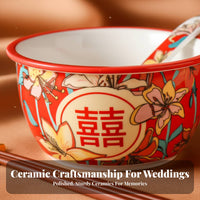 Ceramic Double Happiness Bowl Set, Red Tableware, Wedding Gift, Chopsticks & Spoon