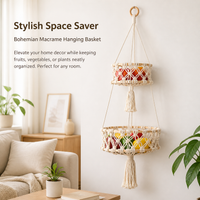 Bohemian Hanging Basket for Fruit, Handmade Macrame Hanging Basket for Kitchen, Cream Textile Fiber Fruit Hammock Storage