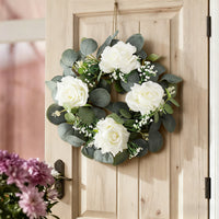 Artificial White Rose and Eucalyptus Wreath for Home Door Wall Decor