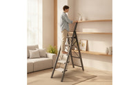 No-Assembly Aluminum Ladder with Wide Pedals Anti-Slip A-Shaped Ladder Foldable Step Stool Portable for Homeowners