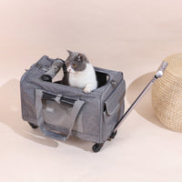 Rolling Pet Carrier Telescoping Handle Wheeled Feline Carrier Zippered Openings