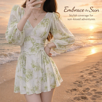 Swimsuit for Girls and Plus Size Women with Floral Long Sleeves, One-Piece Monokini with Padded Support for Water Sports