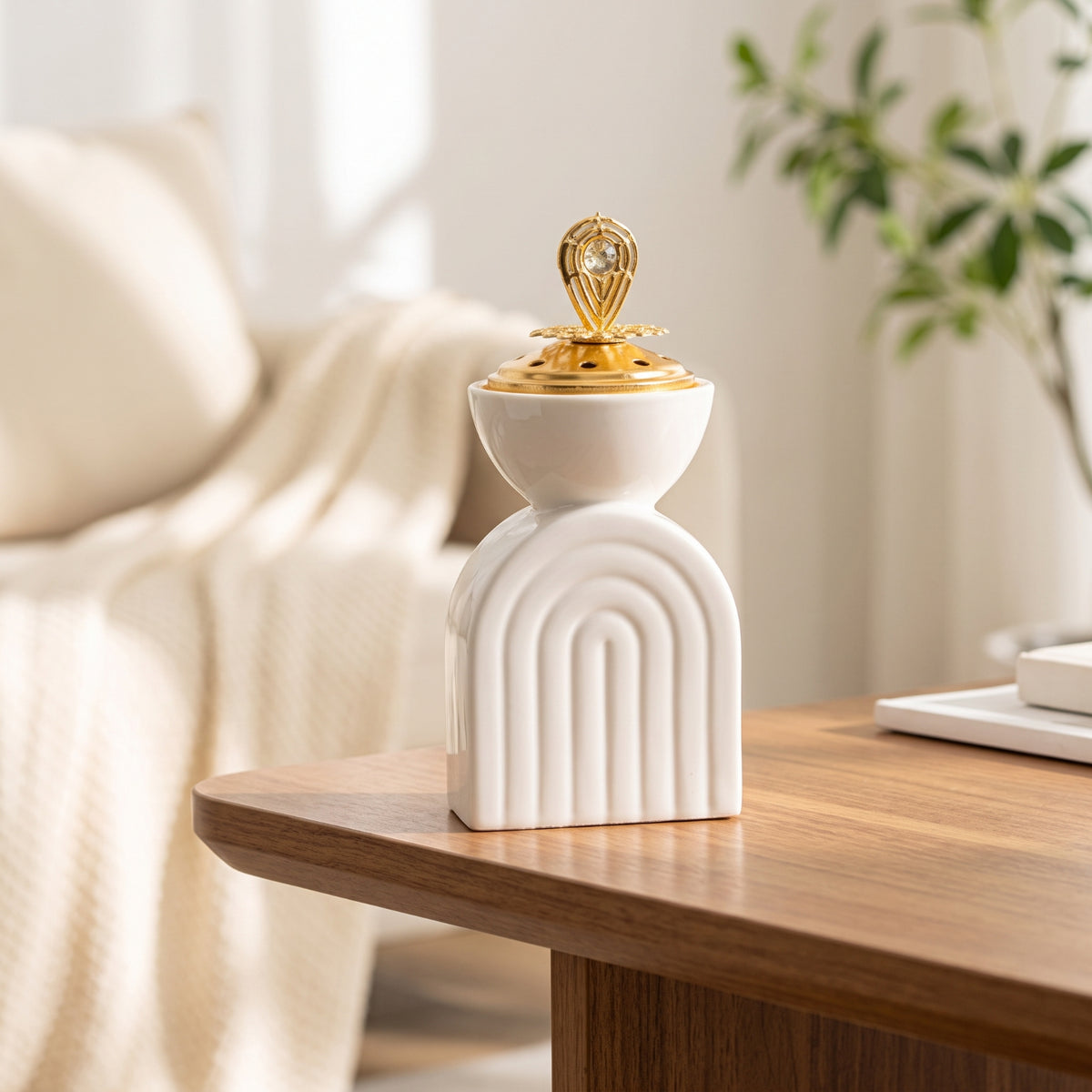 Ceramic Scent Holder with Metal Lid Decorative Ceramic Censer with Metal Cover Tabletop Arch Scent Holder For