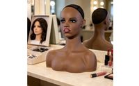 Mannequin Head with Shoulders Dark Brown Hairpiece Display Head Matte Mannequin Bust for Salons