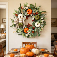 Farmhouse Outdoor Thanksgiving Wreath with Pumpkins, Acorns, and Bow