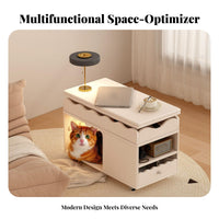 Rolling elevatingTop End Table with Pet Condo Space-Saving Indoor Feline House Rounded Corners for Small Areas, Living Room