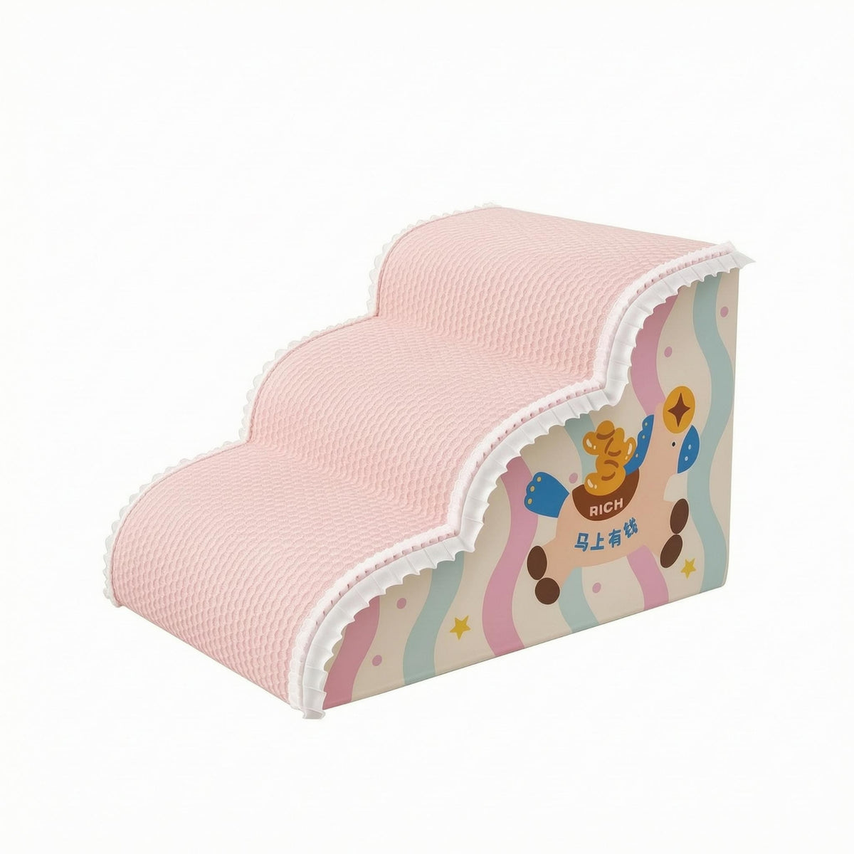 Pet Stair Ramp Rose-Hued Foam Pet Stairs Ruffled Trim Dog Steps for Cats, Bedside