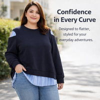 Plus Size Tops for Women with Striped Long Sleeve Design, Round Neck Casual Style, Faux Two Piece Layered Look, Flattering Fit