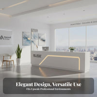 Contemporary Salon Front Desk High-Gloss Finish Minimalist Welcome Desk Sleek Look White LED Reception Counter for Retailers, Salons, Spa, Hotel Lobby