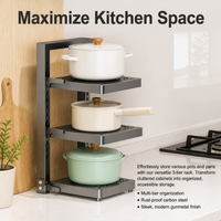 Three-Layer Pot and Pan Rack, Adjustable Cookware Storage Unit, Carbon Steel Pan Organiser for Kitchen Countertop, No Assembly Required