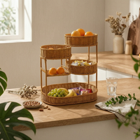 Multi-Level Fruit Rack Imitation Rattan Woven Display Shelf Rectangular Base