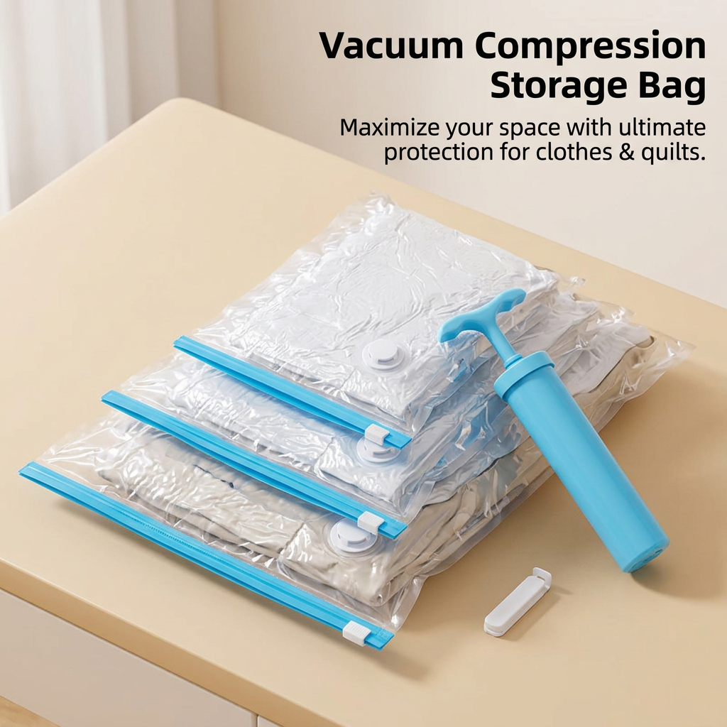Vacuum Compression Storage Bags with Hand Pump, Small 60x40cm Space Saver for Travel, Airtight Waterproof Reusable Clothing