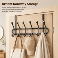 No-Drill Over Door Hanger, 2-Layer Over Door Hook Rack, Gunmetal Grey Carbon Steel for Coats Bags, Minimalist Powder-Coated Over Door Hook