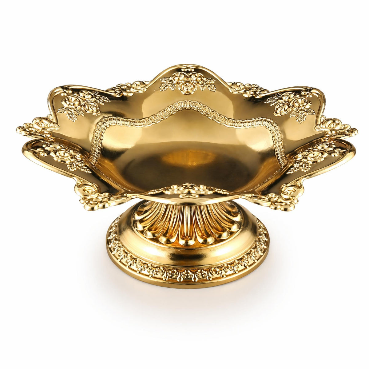 Gold-Toned Lotus Fruit Plate Metal Fruit Bowl with Pedestal Embossed Footed Plate Scalloped for Living Room, Altar, Tea Table