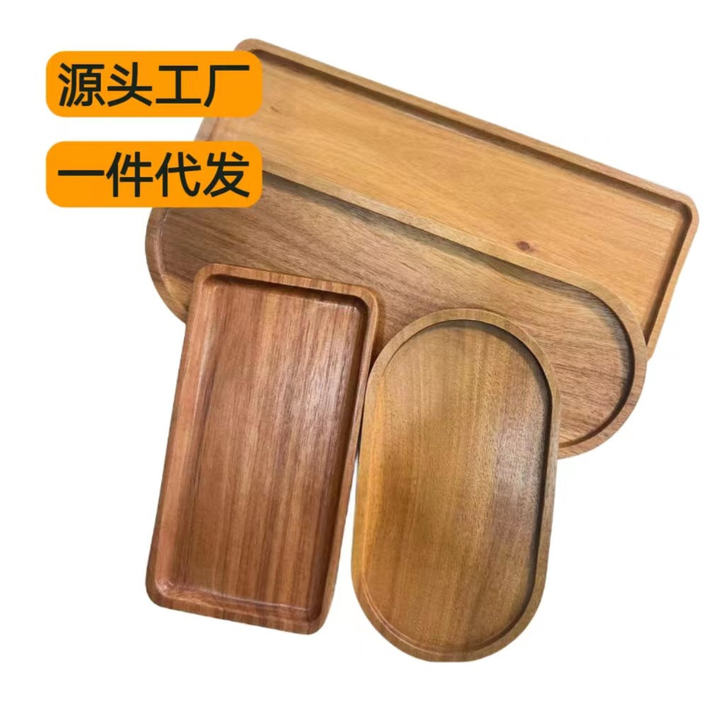 Japanese Style Acacia Wood Rectangular Serving Tray with Wood Grain