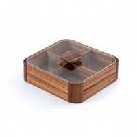Wooden Snack Box with Glass Lid Multi-Compartment Divided Snack Box Clear Serving Tray with Glass Lid for Tea Table