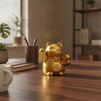 Welcoming Cat with Prosperity Ingot Brass Tabletop Auspicious Cat for Business Owners, Collectors, Cashier Counter, Office Desk