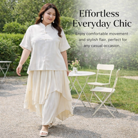 Matching Set Two Piece Outfit for Plus Size Women with Elastic Waist, Chinese Style Irregular Hem Midi Skirt for Summer Casual Wear