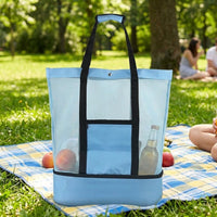 Lunch Box Tote Bag with Insulated Cool Bag Base, Large Cool Box for Shopping Bags and Delivery Bag, Mesh Design Beach Bags for Women with Zip