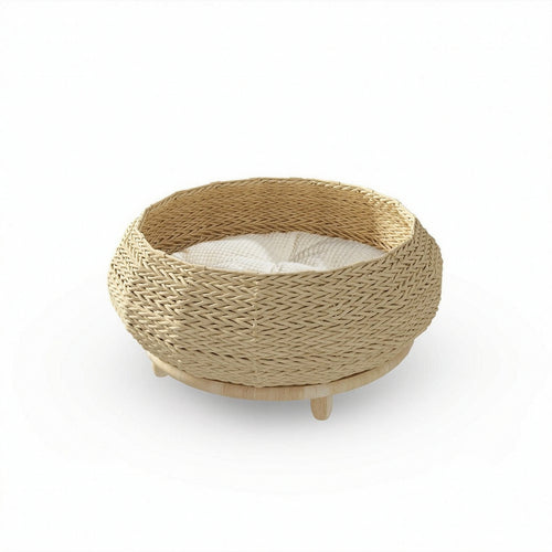 woven Cat Basket Bed with Cushion Round Cat Bed with Wooden Base Breathable for Kittens, Bedroom