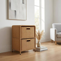 Rattan Bedside Cabinet Built-in Handles Woven Bedside Cabinet Short Legs Household Organizer for Home Storage