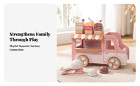 Wooden Dessert Cart Pink and White Dessert Cart Toy Striped Awning for Role-Play, Display