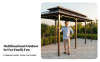 Gazebo with Swing Solid Roof Gazebo with Seating Multi-Functional Design Garden Swing Canopy for Families, Homeowners, Backyard, Patio, Deck