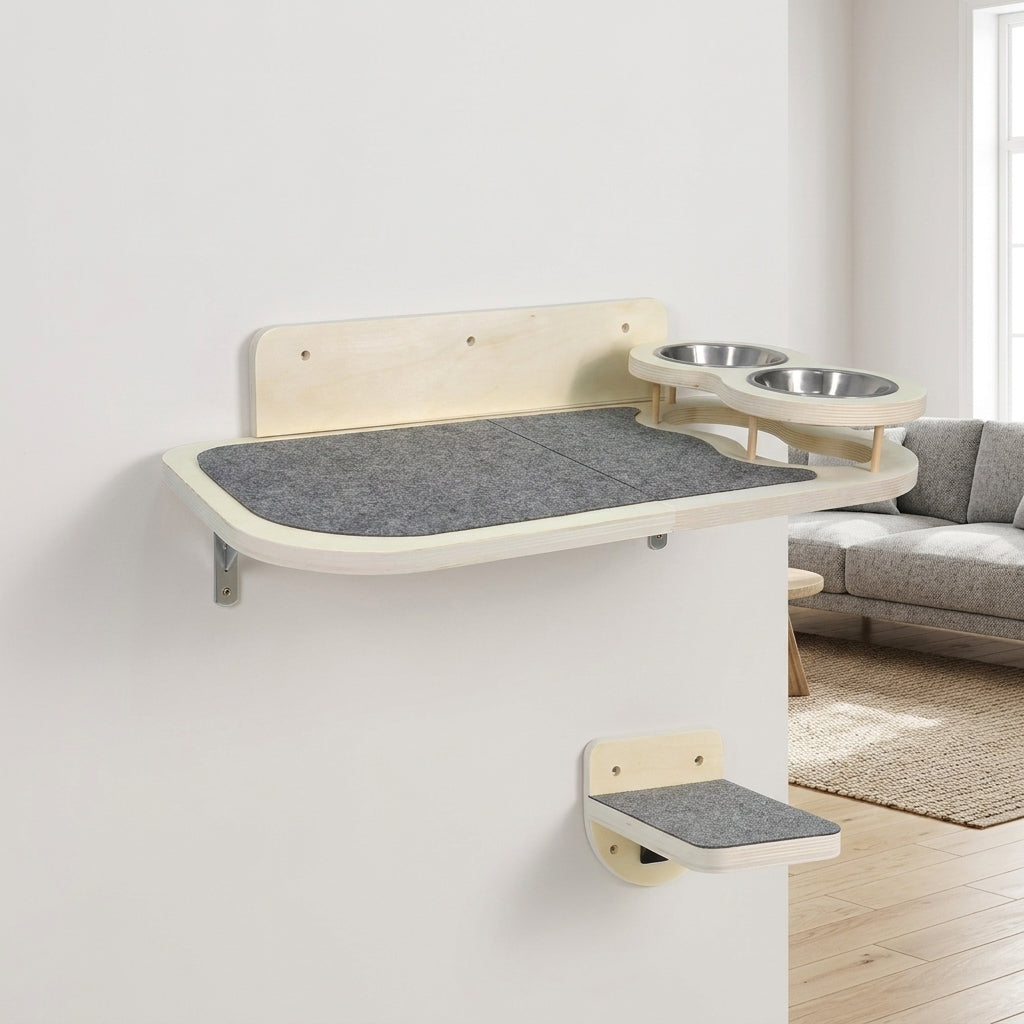 Cat Hammock Wall Mounted Wood Shelf with Feeder, Minimalist Style Bed for Indoor Cats, Single Piece Climbing Sleeping Station for Large Pets