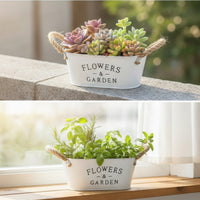 Farmhouse Oval Planter with Rope Handles Rustic Metal Planter Container White Flowers and Garden Container Tapered for Tabletop