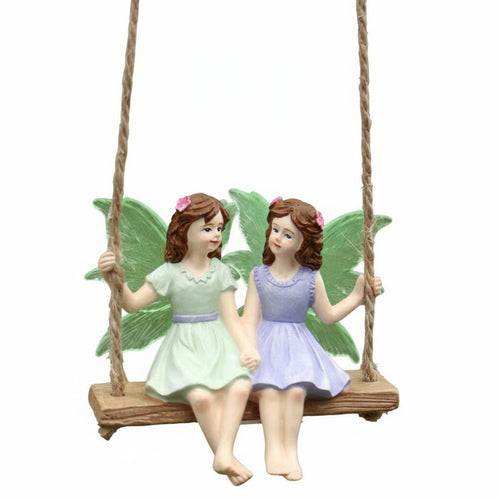 Resin Fairy Garden Hanging Decor Sisterhood Gift Two Fairies on a Swing Figurine Weather Resistant Swinging Sisters Fairy Statue for Gardeners, Patio