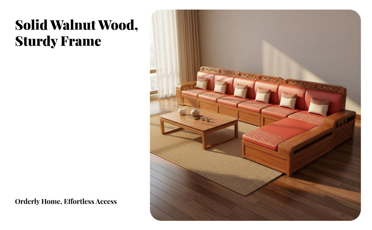 Solid Wood Storage Sofa Four-Season Use Chinese Design Couch Set Dense Foam Walnut Sectional Couch for Families, Adults, Home Entertainment Space