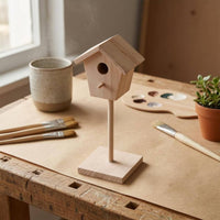 Mini Wooden Birdhouse Ornament Wood Finish Miniature Birdhouse on a Post Pitched Roof Wooden House Ornament with Base for Dollhouse, Courtyard