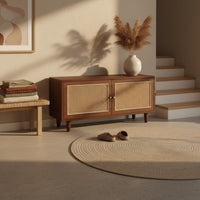 Solid Wood Rattan Shoe Storage Bench Breathable Shoe Changing Stool with Cabinet Easy Assembly Padded Seat for Mudroom