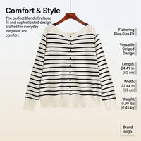 Striped Long Sleeve Top Women Plus Size Ribbed Knit Sweater, Soft Fleece Blend Casual Everyday Wear for Spring, Slimming Vertical Stripe Pattern
