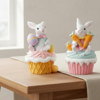 2 Pieces Bunny Cupcake Figurine Cute Design Easter Rabbit Statue Pastel Colors