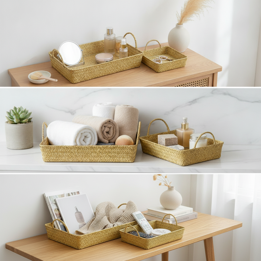 Portable Storage Basket with Handle for Bedroom Desktop Bathroom Towels Dirty Clothes Organization