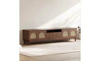 Retro Rattan TV Stand with Doors Low-Height TV Cabinet with Rattan Doors Tapered Wooden Credenza Woven for Living Room, Apartment
