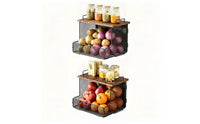 Wall-Mounted Kitchen Storage Rack Sturdy Mesh Wire Fruit Basket Shelf with Wooden Top Functional for Pantry