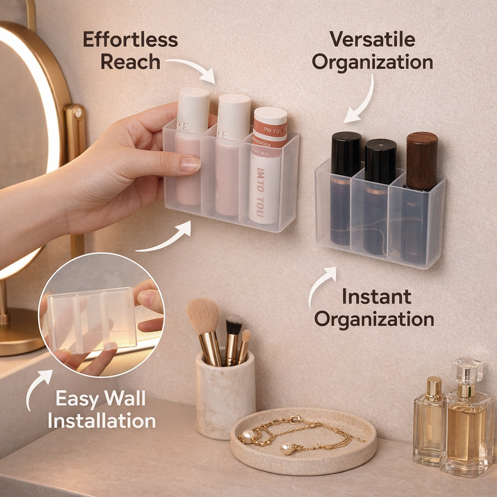 Lipstick Organizer Clear Acrylic, Transparent Cosmetic Storage, Bedroom for Vanity, Three Compartment Holder