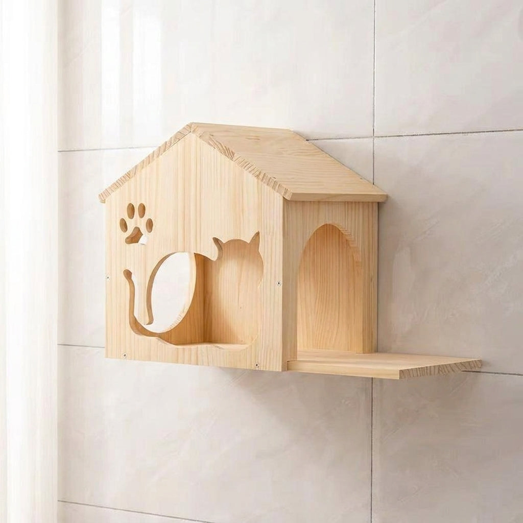 Mounted Cat House Shelter with Perch, Solid Wood Wall-Mounted Climbing Frame for Large Indoor Cats, Elevated Space for Sleeping and Playing 141