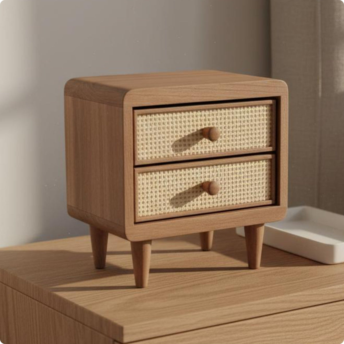 Wooden Rattan Drawer Box Handwoven Cane Front Mini Desk Storage Box Space Saving