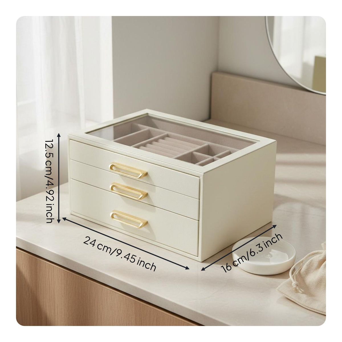 3-Drawer Jewelry Box Large Capacity 3-Layer Jewelry Organizer Space-Saving Design Band Earring Display Case for Vanity, Bedroom