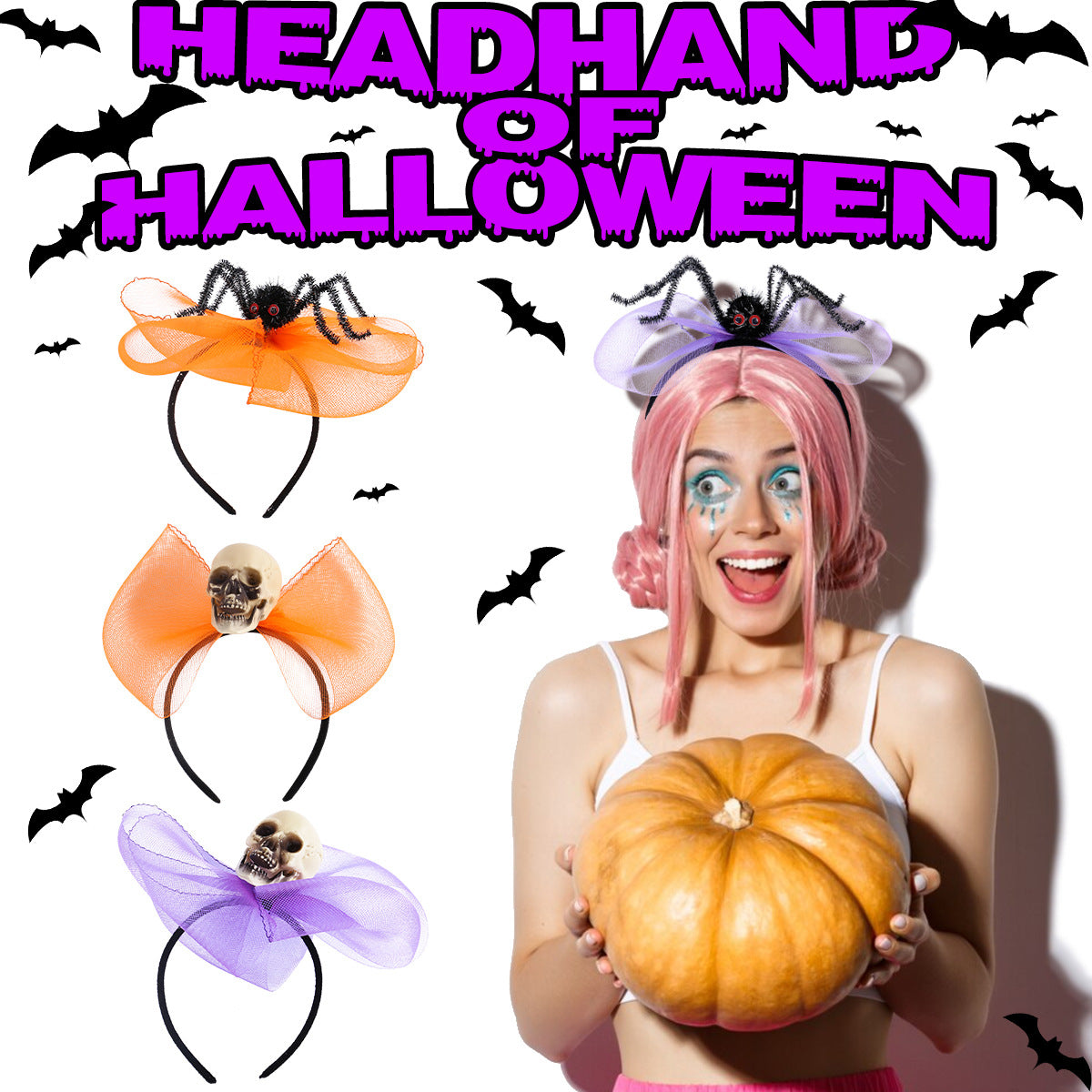 Halloween Skull Headband with Spider and Bow