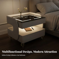 Smart Nightstand with Casters Cordless Charging Bedside Table Minimalist Furniture Glass Top Adjustable Glow Panel and Secure Storage Suitable for Digital Technology Enthusiasts Students Bedroom
