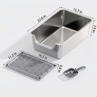 Cat Toilet Stainless Steel Litter Tray, Semi-Enclosed XL Size Litter Pan, Easy Clean Non Sticky Metal Box for Large Cats and Big Breeds