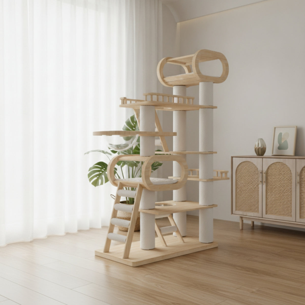 Feline Climber with Viewable Perch Multi-Level Feline Climber with Condo Tall Furniture Cats, Indoor, Living Room, Window
