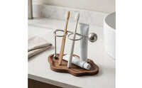 Toothbrush Holder with Wood Base | Minimalist, Modern, Metal Frame Toothbrush Stand, for washroom Countertop