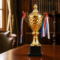 Gold-Colored Trophy Cup with Lid Lidded Trophy Cup with Name Plates Metal Award Engravable for Winners, Athletes, Students, Sports Tournaments