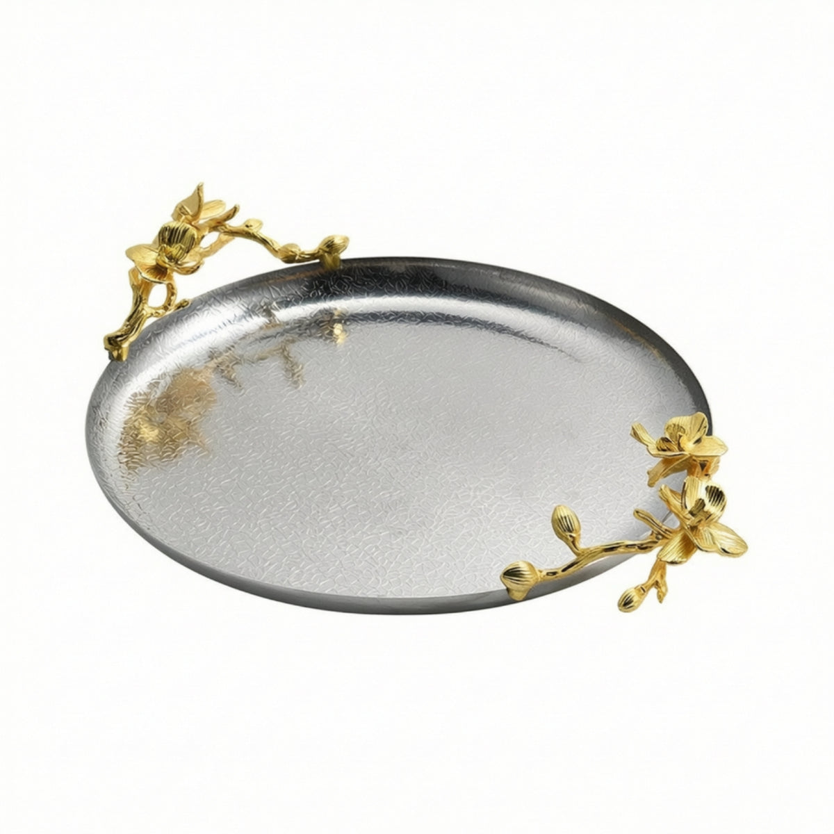 Round Tray with Floral Accents Gold-Toned Round Serving Tray Textured for Home Stylists, Hosts, Coffee Table, Vanity